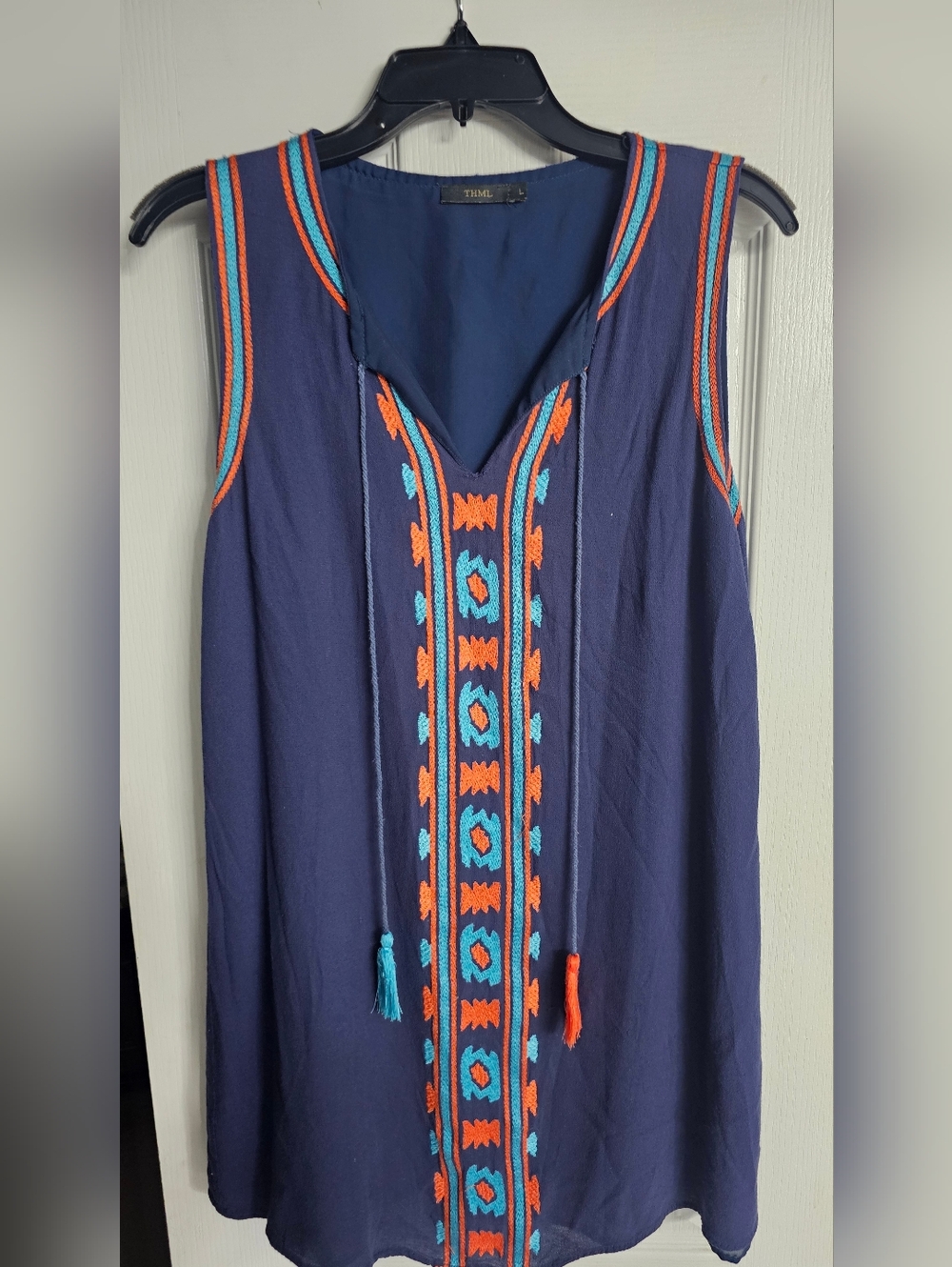 THML Navy Sleeveless Embroidered Tassel Shift Dress Size Large - Picture 3 of 9